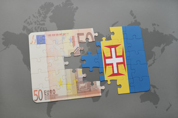 puzzle with the national flag of madeira and euro banknote on a world map background.