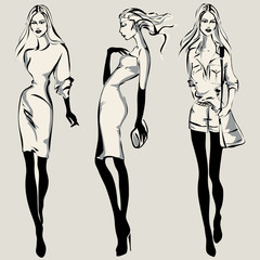 Black and white fashion woman models in sketch style