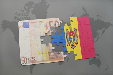 puzzle with the national flag of moldova and euro banknote on a world map background.
