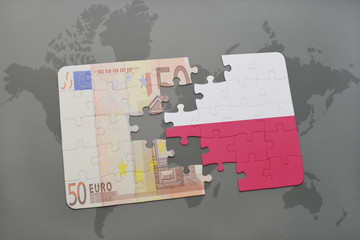 puzzle with the national flag of poland and euro banknote on a world map background.