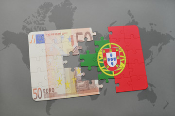 puzzle with the national flag of portugal and euro banknote on a world map background.