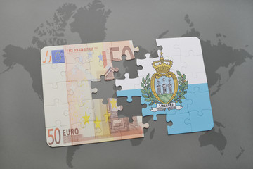 puzzle with the national flag of san marino and euro banknote on a world map background.