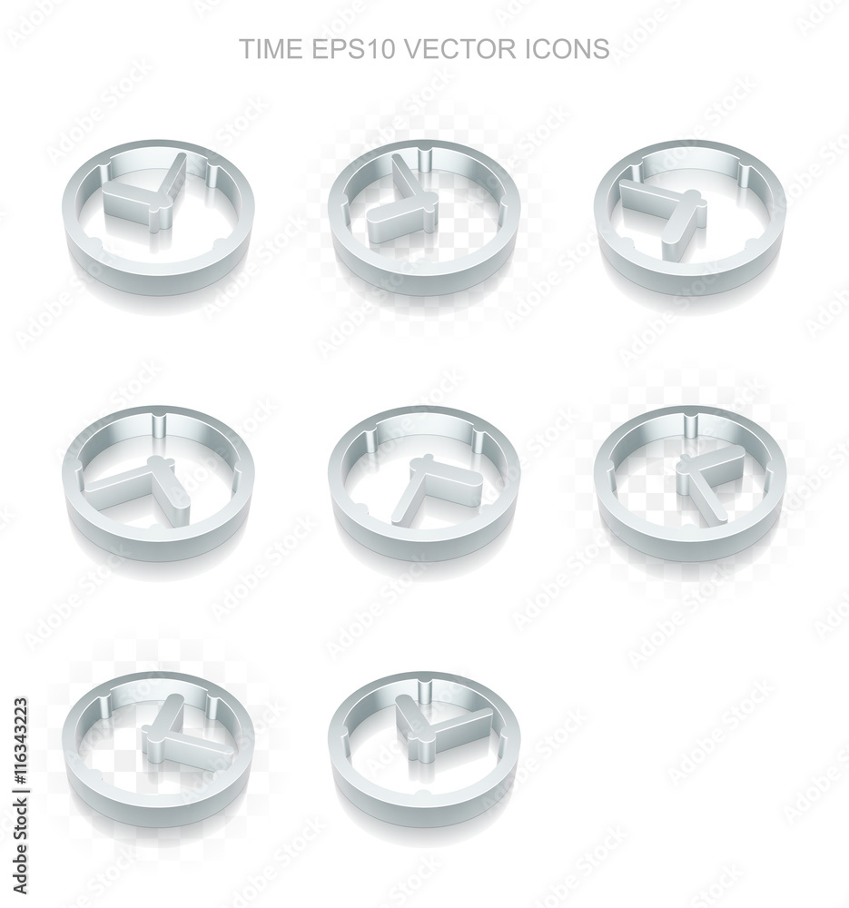 Poster timeline icons set: different views of metallic clock, transparent shadow, eps 10 vector.