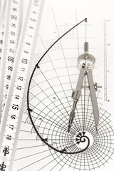drawing of the golden section, folding ruler & compass