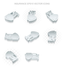Insurance icons set: different views of metallic Car And Shield, transparent shadow, EPS 10 vector.