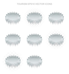 Vacation icons set: different views of metallic Sun, transparent shadow, EPS 10 vector.