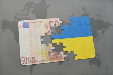 puzzle with the national flag of ukraine and euro banknote on a world map background.
