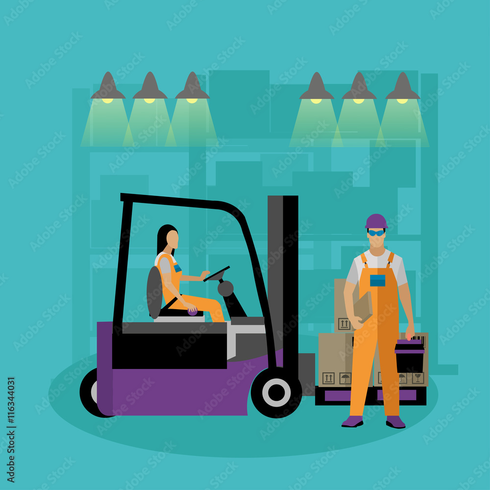 Poster logistic and delivery service concept banner. warehouse workers. vector illustration in flat style d