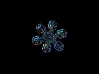 Snowflake isolated on black background: macro photo of real snow crystal, captured on glass surface with LED back light. This is medium size snowflake, resembling duck feet, or gecko's paw.