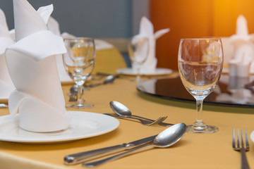 Elegance of glasses on table set up for dinning room