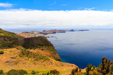 Fototapeta na wymiar Island Ilheu da Cevada or Ilheu do Farol is the most easterly point on Madeira - view from Pico do Facho Viewpoint, Madeira, Portugal