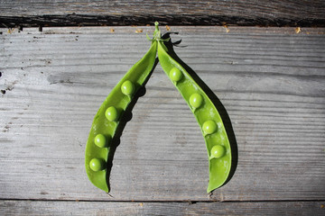 opened pea pod on the wooden table