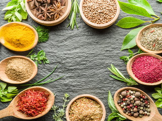 Assortment of colorful spices in the wooden spoons.