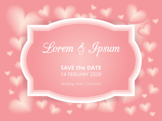 White wedding card template label on pink heart shape pattern background, vintage design frame border