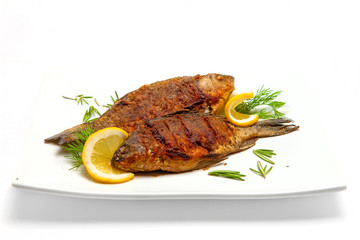 Fried carp on a white plate
