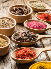 Assortment of colorful spices in the wooden spoons.