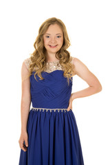 woman blue dress smile hand on hip
