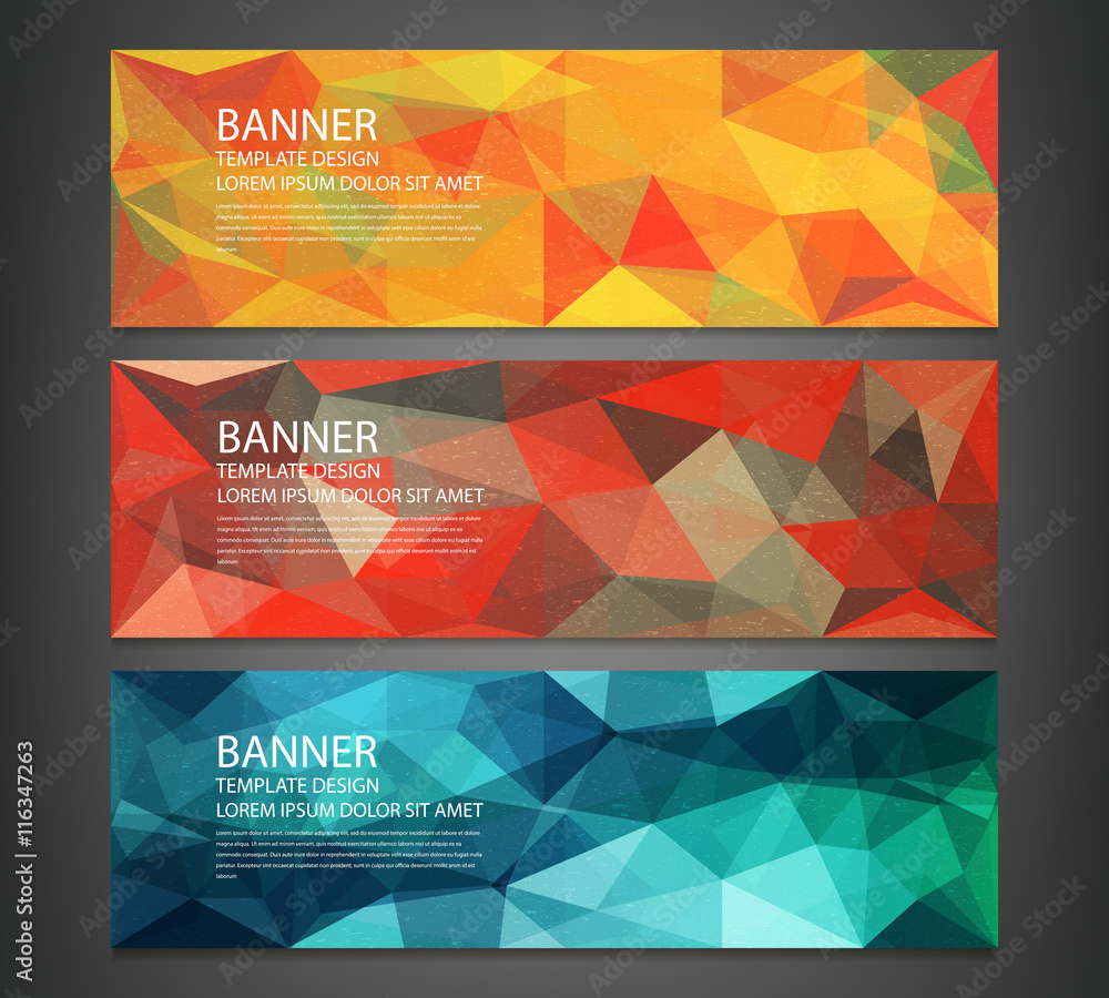 Wall mural three banners with abstract multicolored polygonal mosaic background.