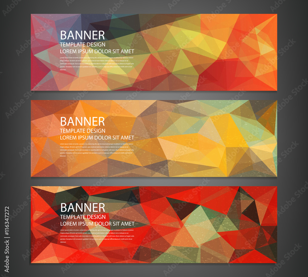Wall mural three banners with abstract multicolored polygonal mosaic background.