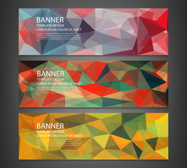 Three banners with abstract multicolored polygonal mosaic background.