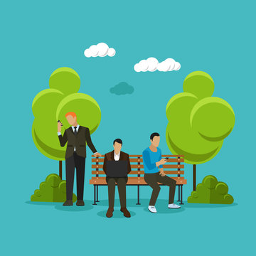 Group of people sitting on a bench in park using laptop and smart phones. Vector illustration flat style design.
