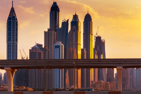 Dubai skyline with modern skyscrapers. Scenic travel background.