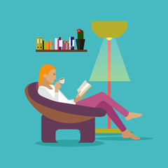 Young woman at home sitting on modern chair, reading book and drinking coffee. Vector illustration in flat style design