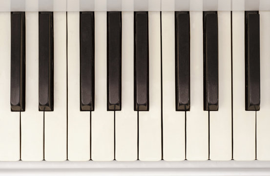 Piano keyboard background with selective focus in motion.Top view
