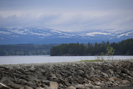 View over the Swedish lake Storsjoen with mountains in the background