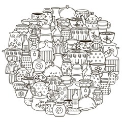 Circle shape pattern with dishes for coloring book