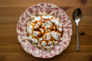 Manti / Turkish Ravioli with yogurt.