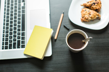 concept: workplace , computer, notebooks, coffee
