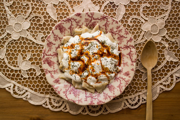 Manti / Turkish Ravioli with yogurt.