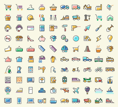 Set of 100 Minimalistic Solid Line Coloured Shopping , Construction , Home Appliances and Transport Icons. Isolated Vector Elements.