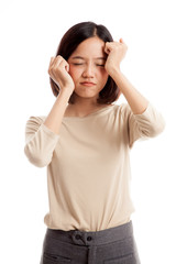 Young Asian woman got sick and  headache  isolated on white background