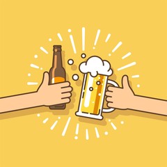 Beer festival. Two hands holding the beer bottle and beer glass. Vector illustration in flat style.