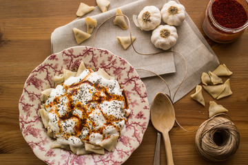Manti / Turkish Ravioli with yogurt.