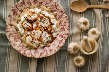 Manti / Turkish Ravioli with yogurt.