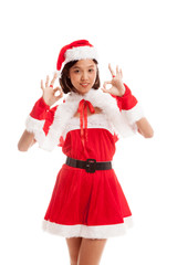 Asian Christmas Santa Claus girl show OK sign  isolated on white background