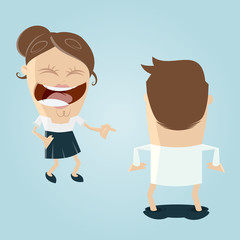 woman laughing at man with dropped pants