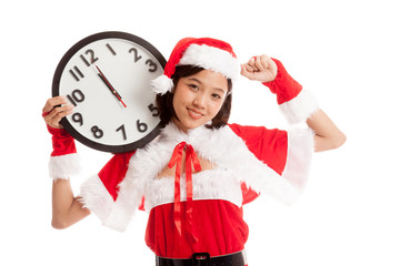 Asian Christmas Santa Claus girl  and clock at midnight  isolated on white background