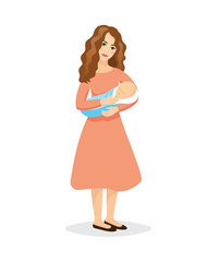 Motherhood icon. Young beautiful mother holding sleeping baby - vector illustration.