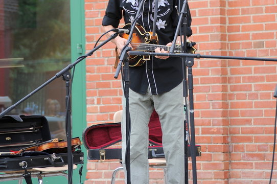 Male string player performing in concert outdoors.