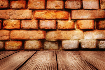 Background with vintage brick wall and wooden boards