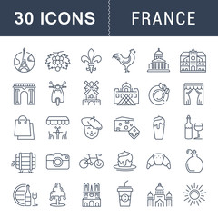 Set Vector Flat Line Icons France and Paris