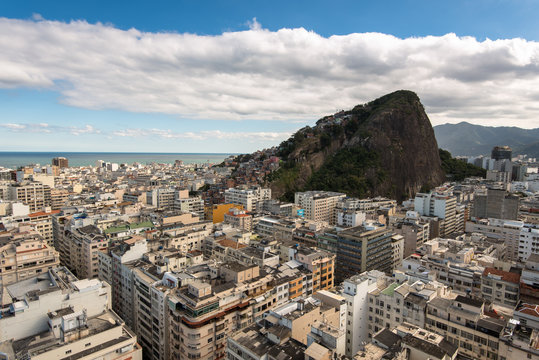 Aerial view of Copacabana district with Cantagalo slum on the mountain in Rio de Janeiro