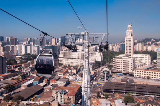 Cable Car Moving Down to a Central Train Station of Rio de Janeiro