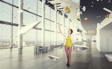 Fototapeta premium Girl in office interior . Mixed media