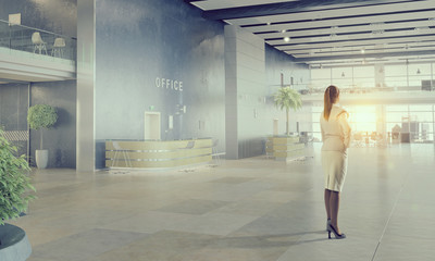 Fototapeta na wymiar Businesswoman in modern office interior . Mixed media