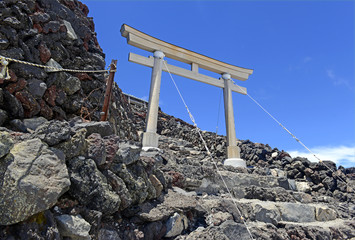 Terrain on climbing route on Mount Fuji, a symmetrical volcano and tallest peak in Japan which is...